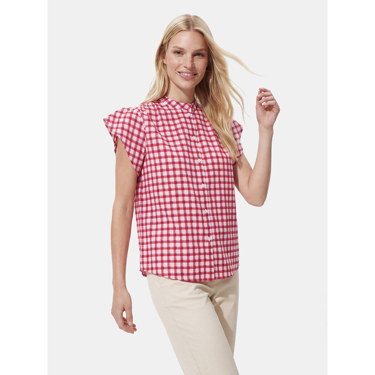 Camisa xadrez sem mangas com gola Mao quadrados rosa, PIECES