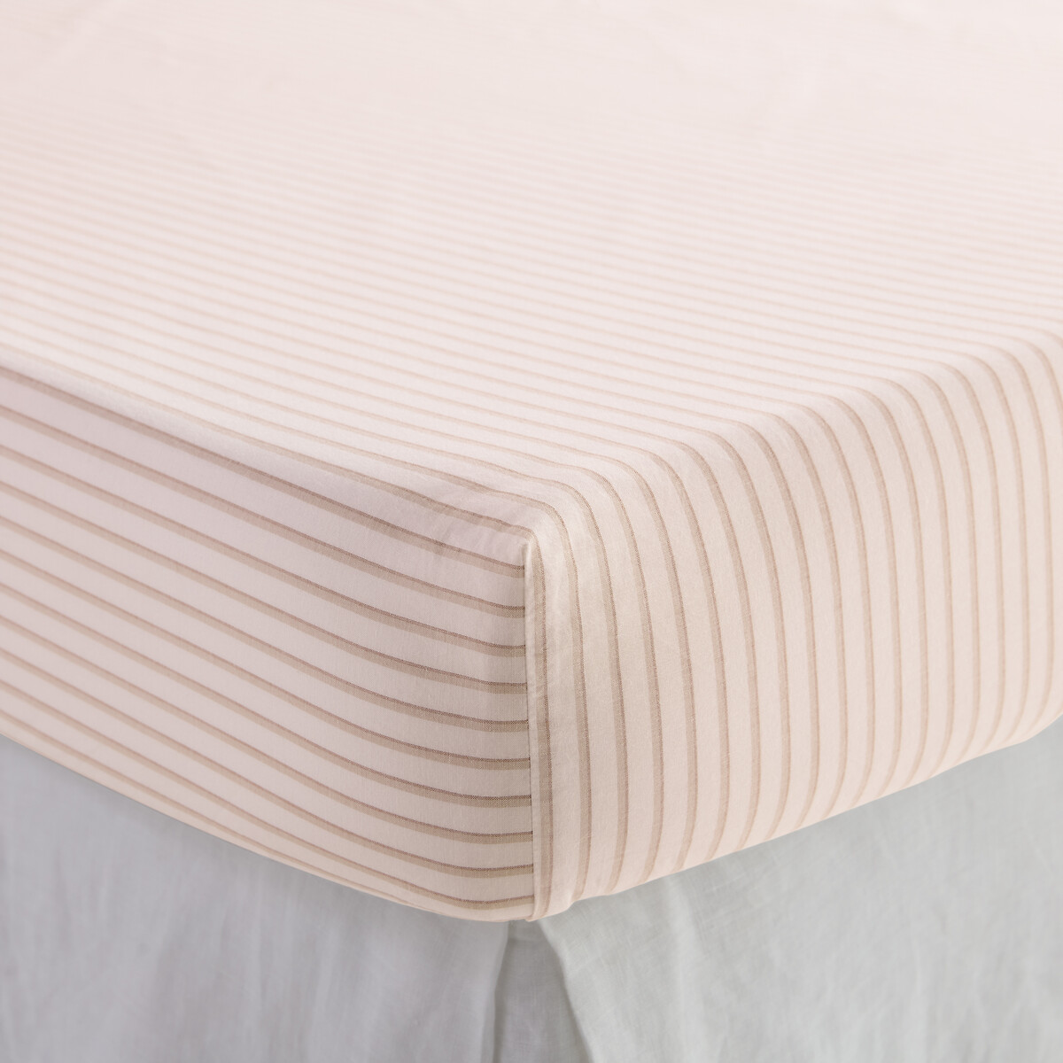 Spannbetttuch aus Baumwoll-Perkal Mütze 30 cm, Edward beige gestreift, LA REDOUTE INTERIEURS