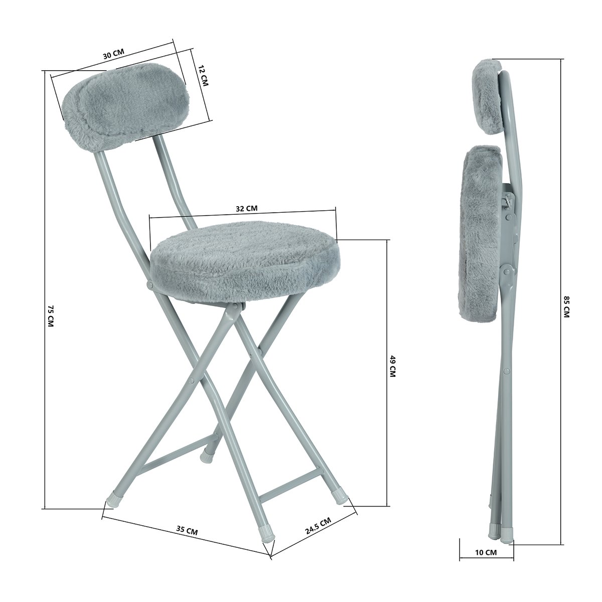 Lot de 4 chaises pliant en imitation fourrure, ERNSTPLUSH gris, MEUBLES COSY