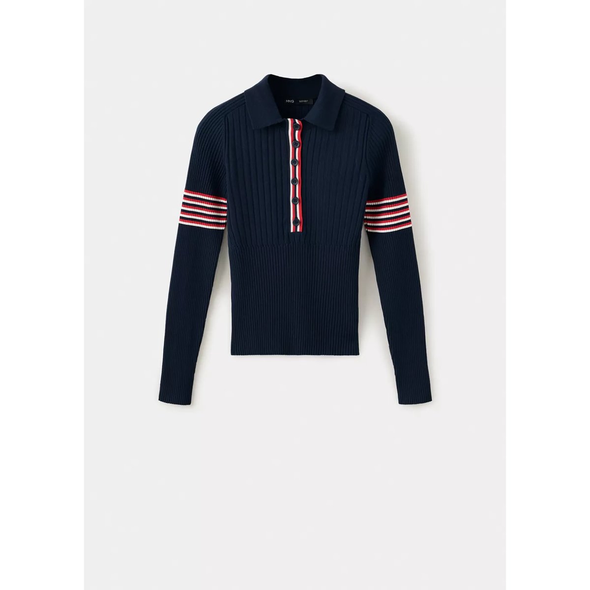 Pull col polo à détail rayures bleu marine, MANGO