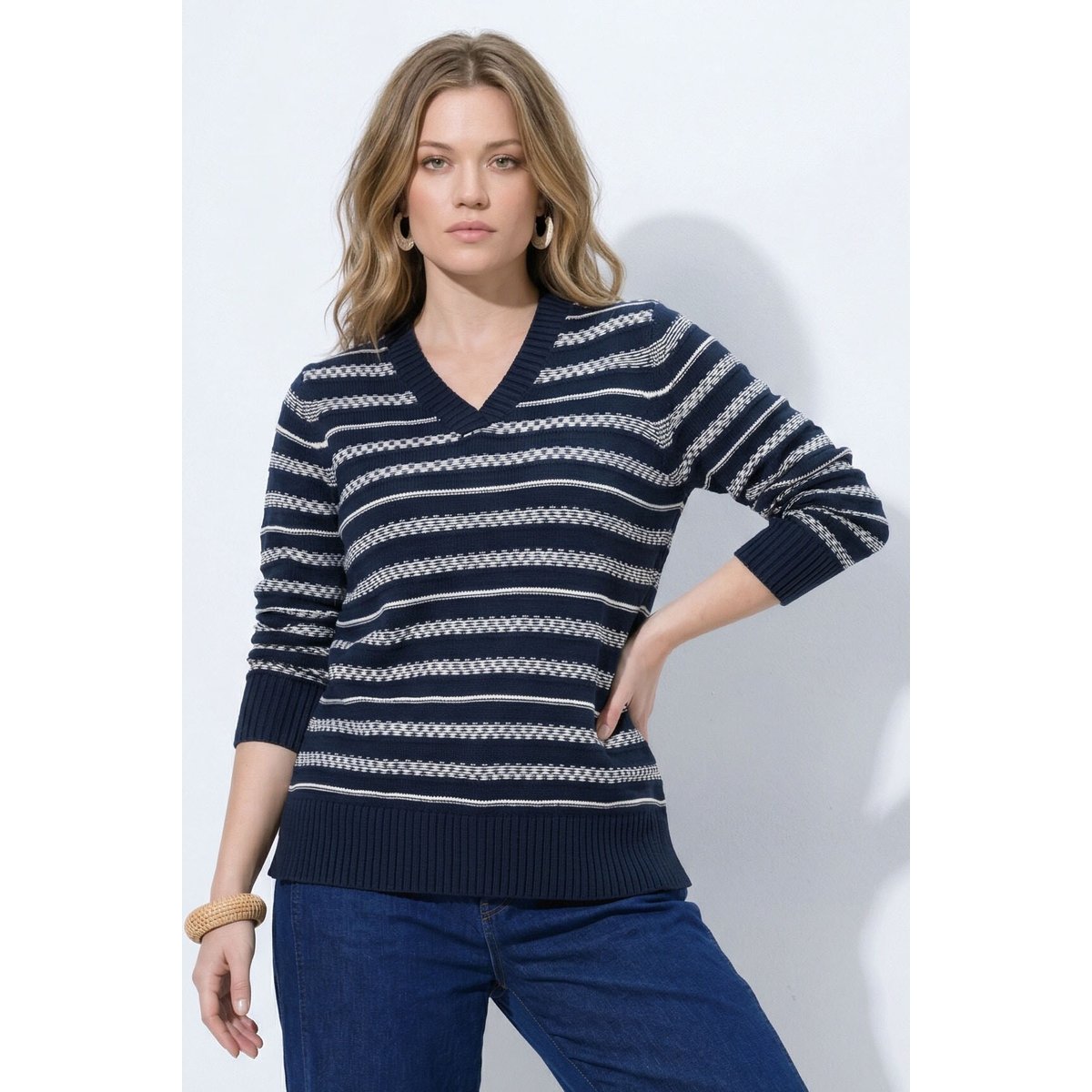 Pull en coton bio, motif à rayures marine, ULLA POPKEN