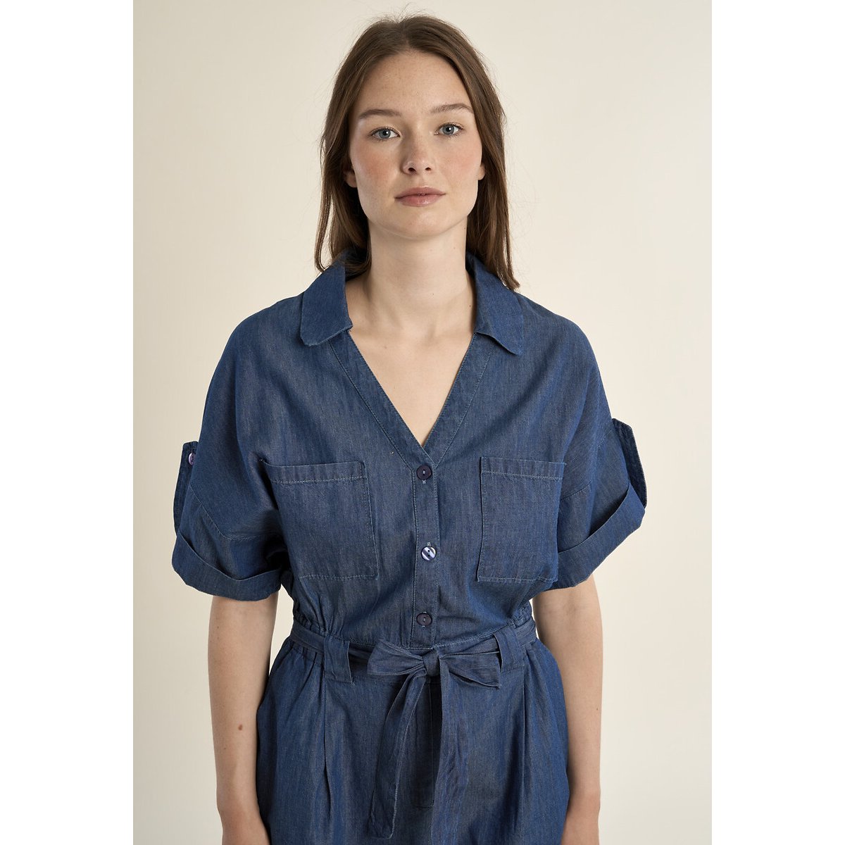 Tuta-shorts in denim blu scuro, MOLLY BRACKEN