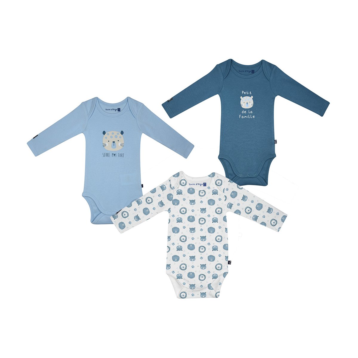 Lot de 3 bodies loÏc manches longues bebe bleu, SUCRE D'ORGE