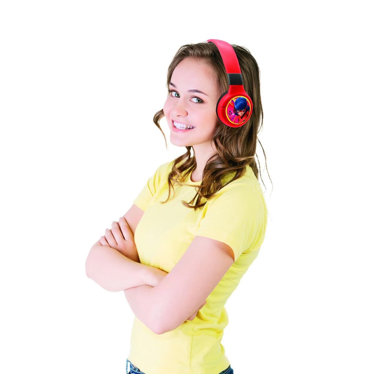 Casque 2 en 1 Miraculous Bluetooth et Filaire confortable et pliable avec limitation de son rouge, LEXIBOOK