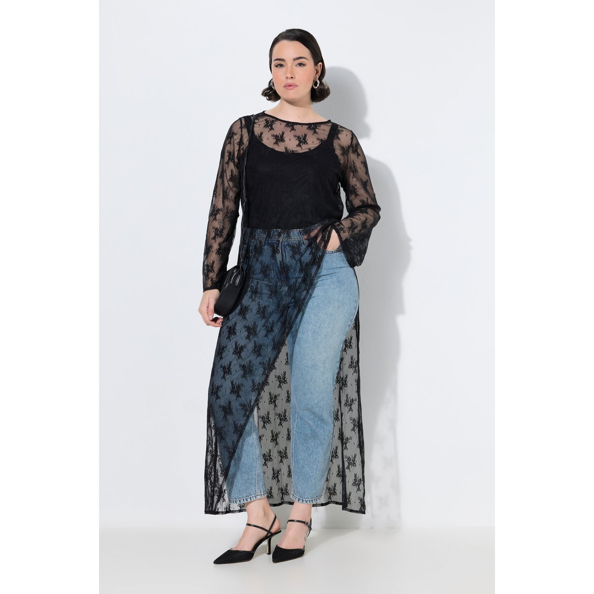 Robe maxi en dentelle, coupe évasée noir, ULLA POPKEN