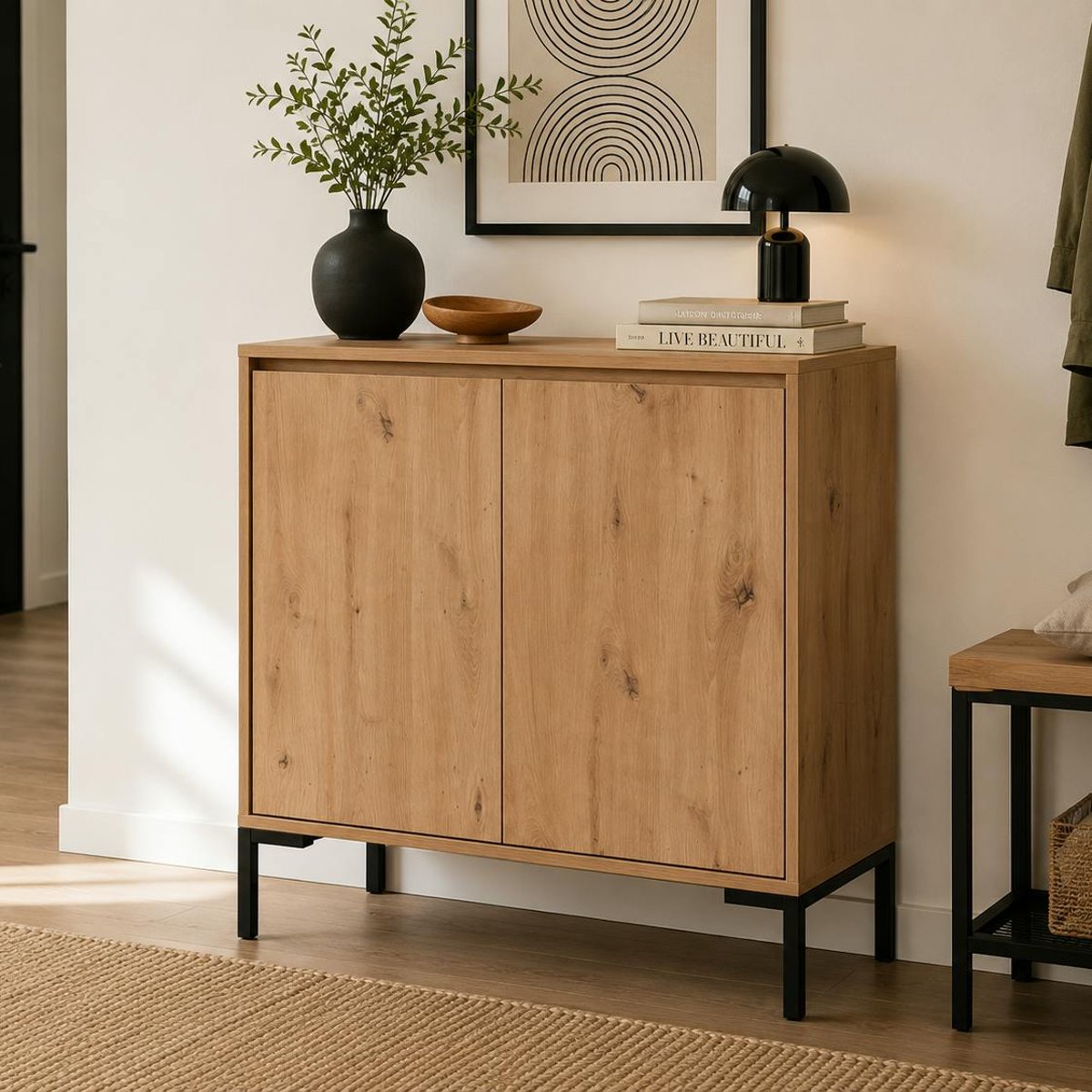 Meuble d'entrée décor bois 2 portes KARVI bois naturel, PIER IMPORT