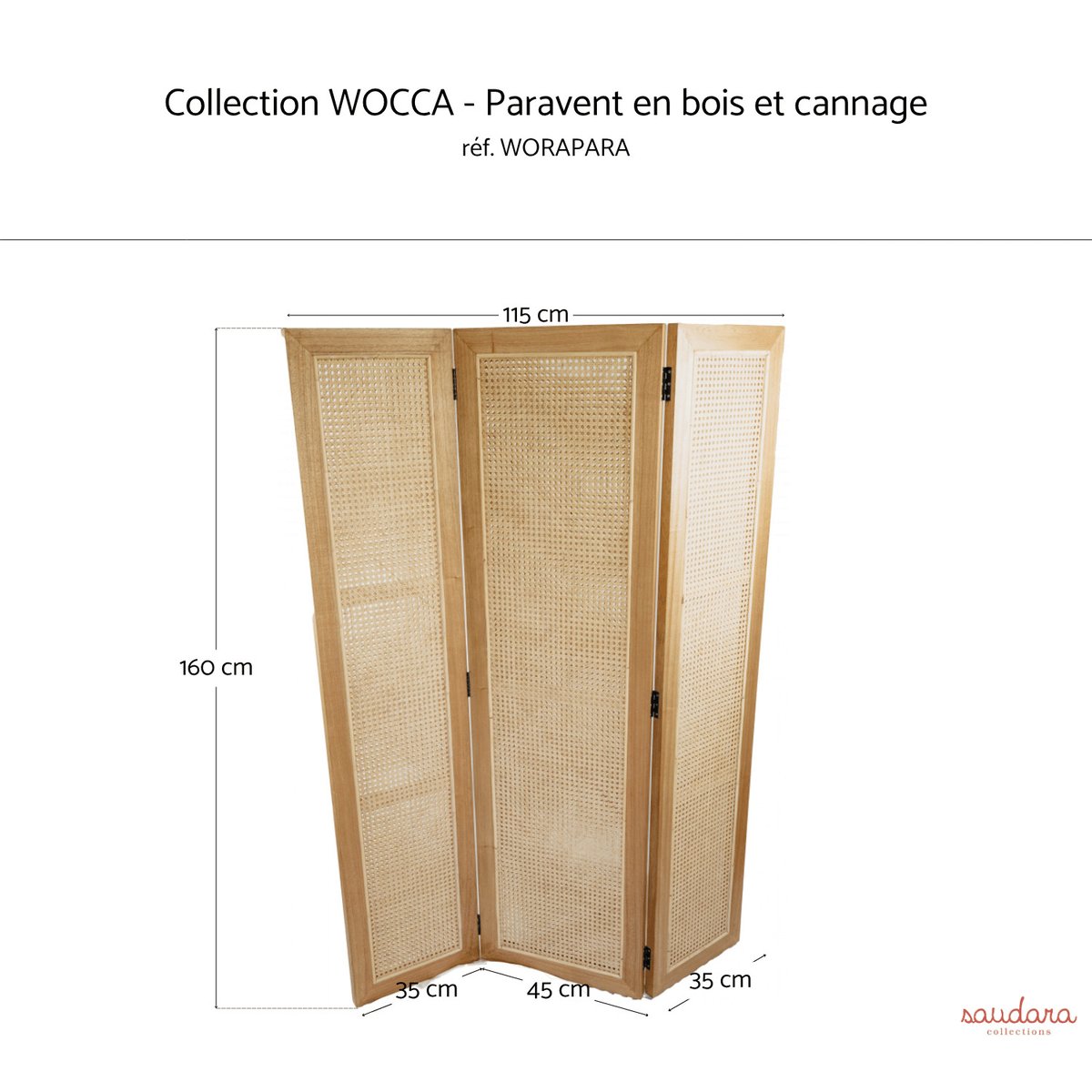 Paravent 3 panneaux bois massif & cannage ? WOCCA miel, SAUDARA COLLECTIONS