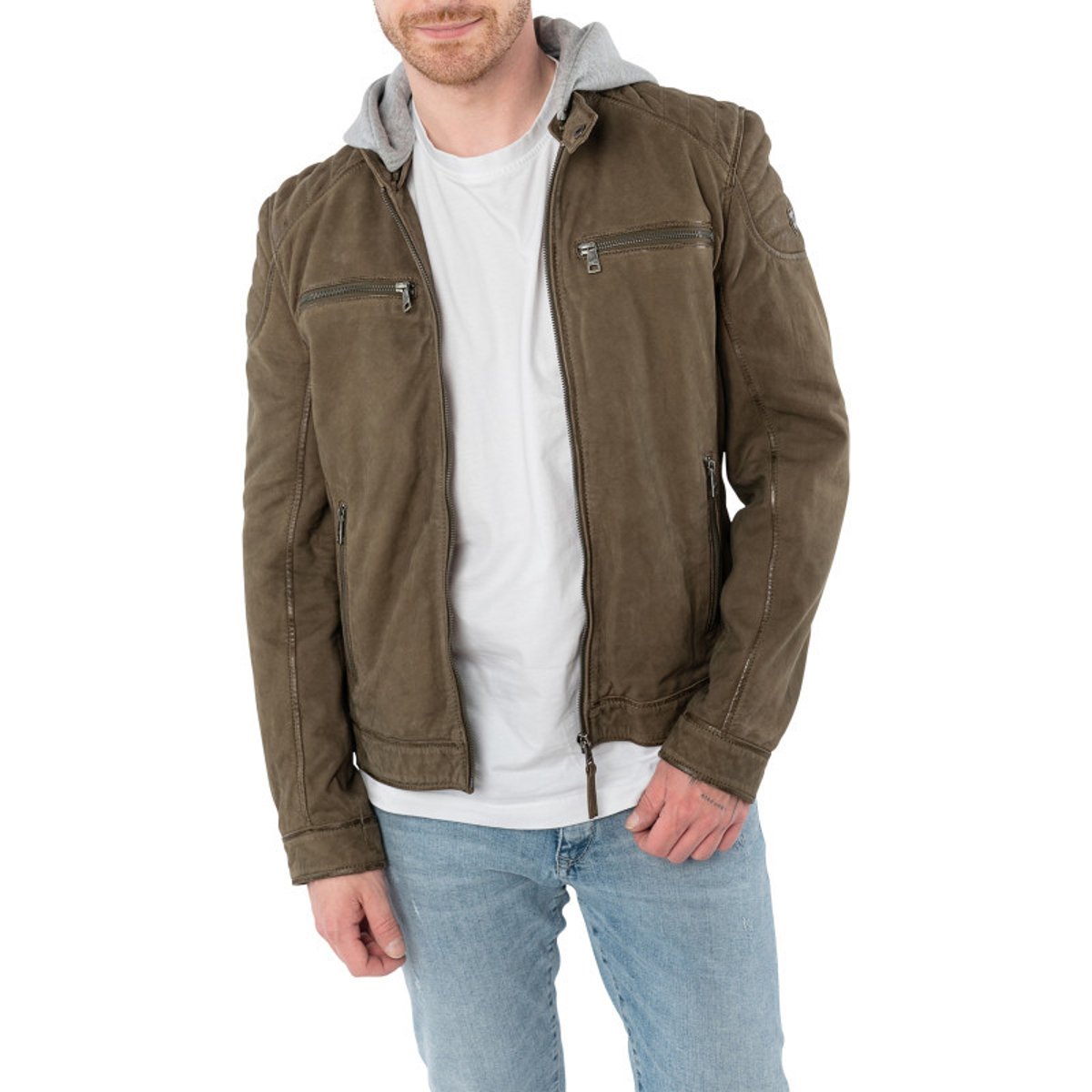 Blouson en cuir de mouton olive uni avec une coupe ajustée et un col à capuche vert foncé, GIPSY