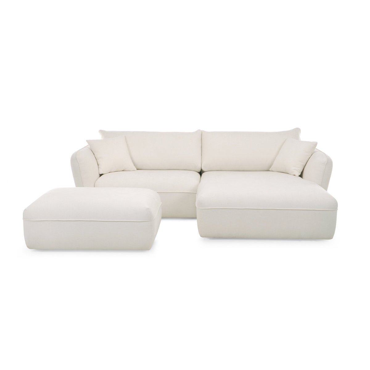 Canapé d'angle fixe 3 places en tissu texturé avec pouf, LUIGI blanc, BOBOCHIC