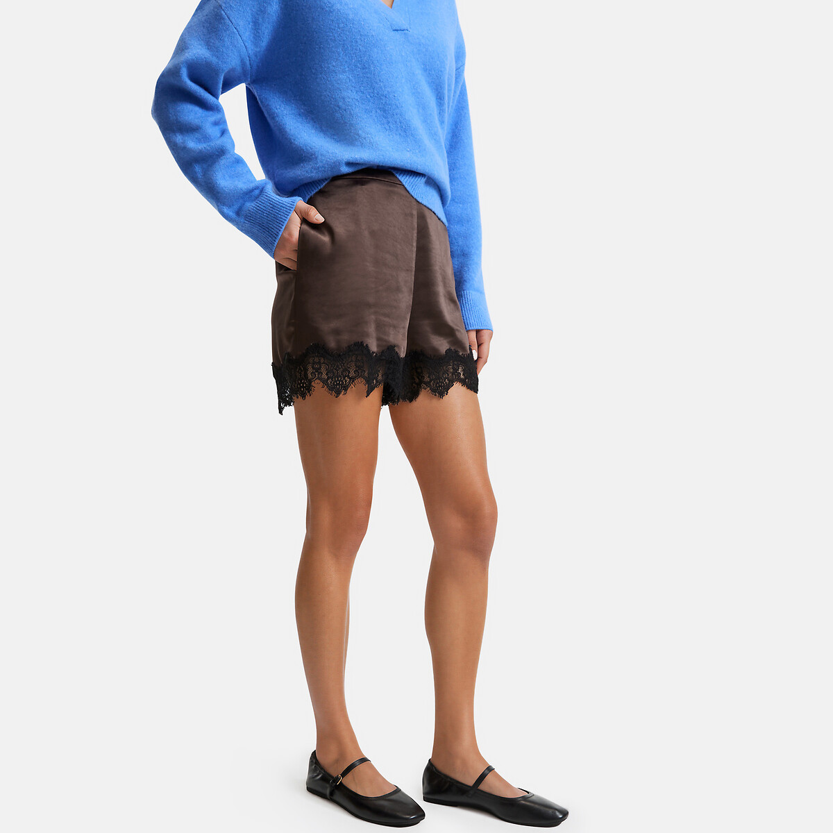 Short satiné avec dentelle marron, LA REDOUTE COLLECTIONS