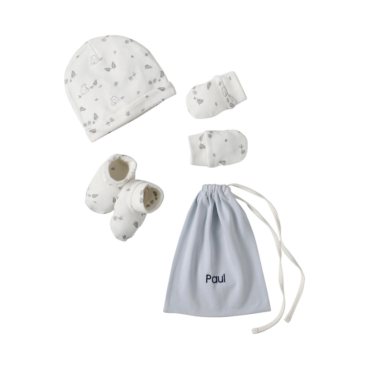 Ensemble naissance ours bonnet + moufles + chaussons + pochon bleu pâle, VERTBAUDET