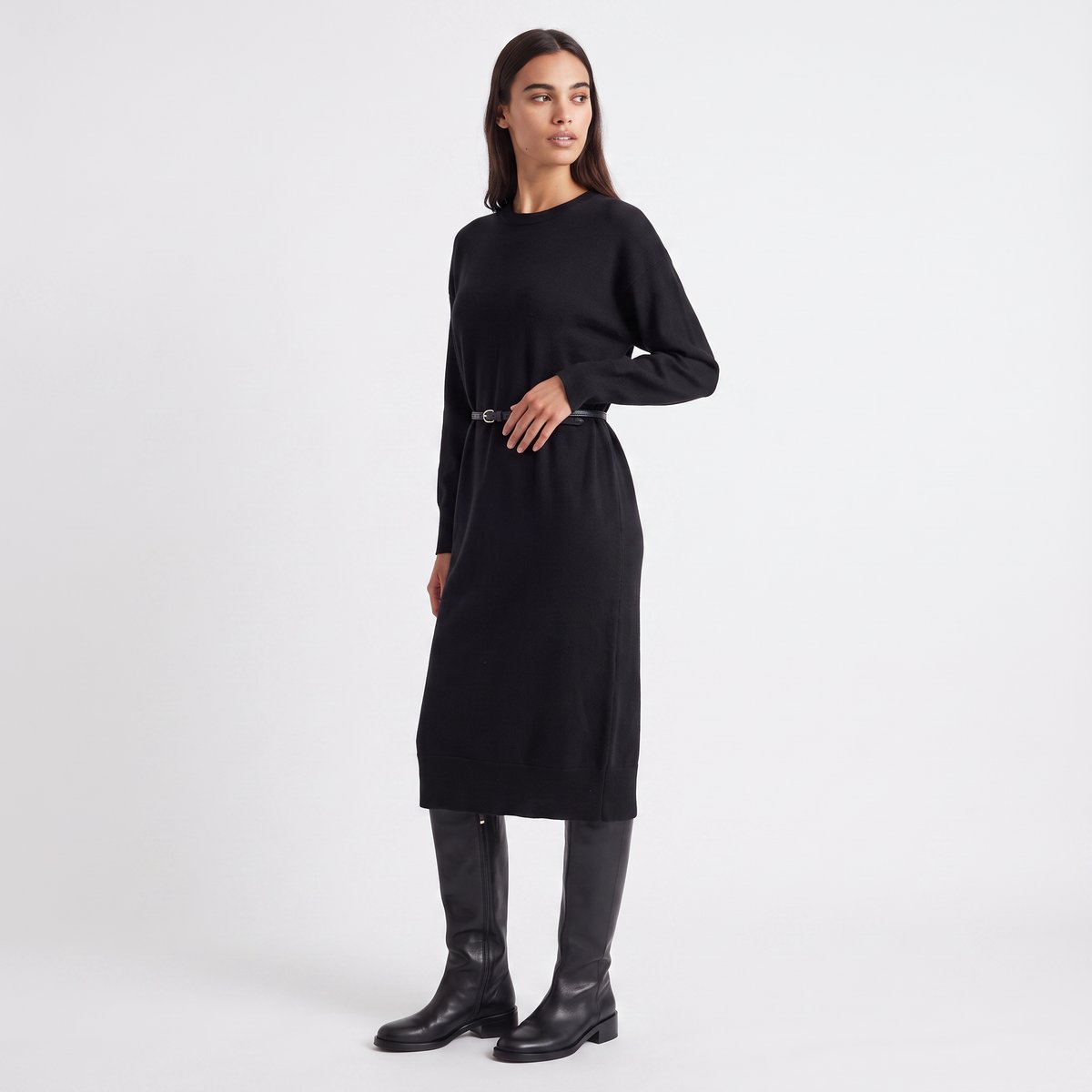 Robe femme midi maille ceinture amovible col rond ARALYS black, ARTLOVE