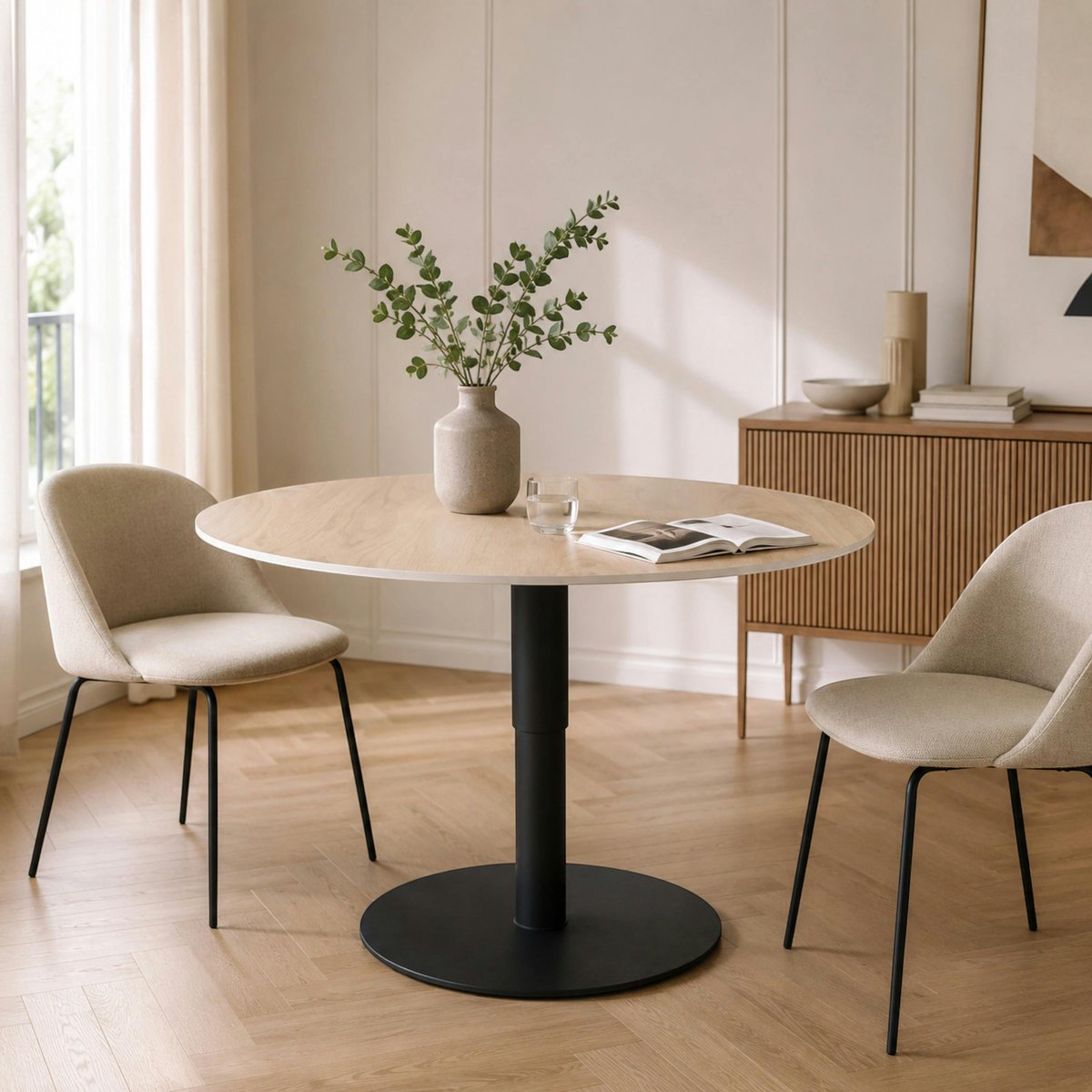Table ronde en céramique, hauteur réglable 46/76 LUGANO décor chêne, PIER IMPORT