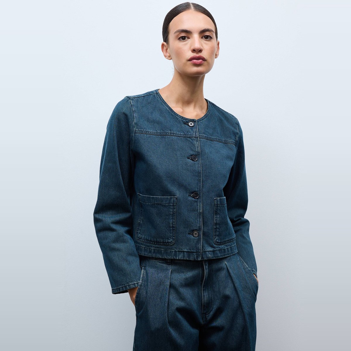 Veste courte en jean stone denim, MONOPRIX