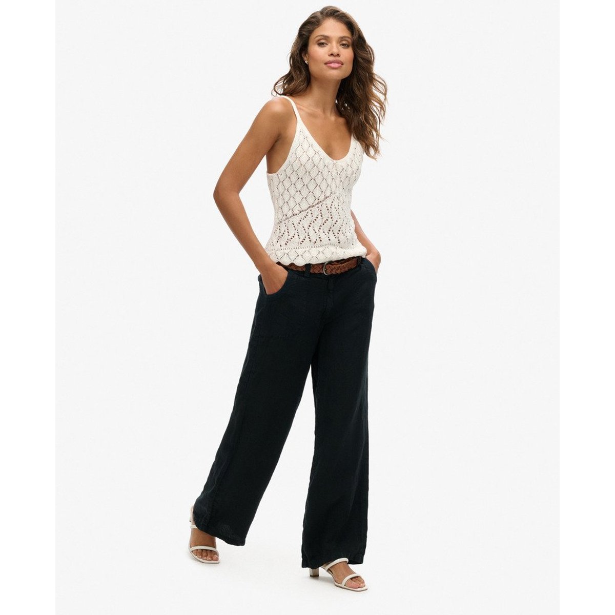 Pantalon taille basse en lin noir, SUPERDRY