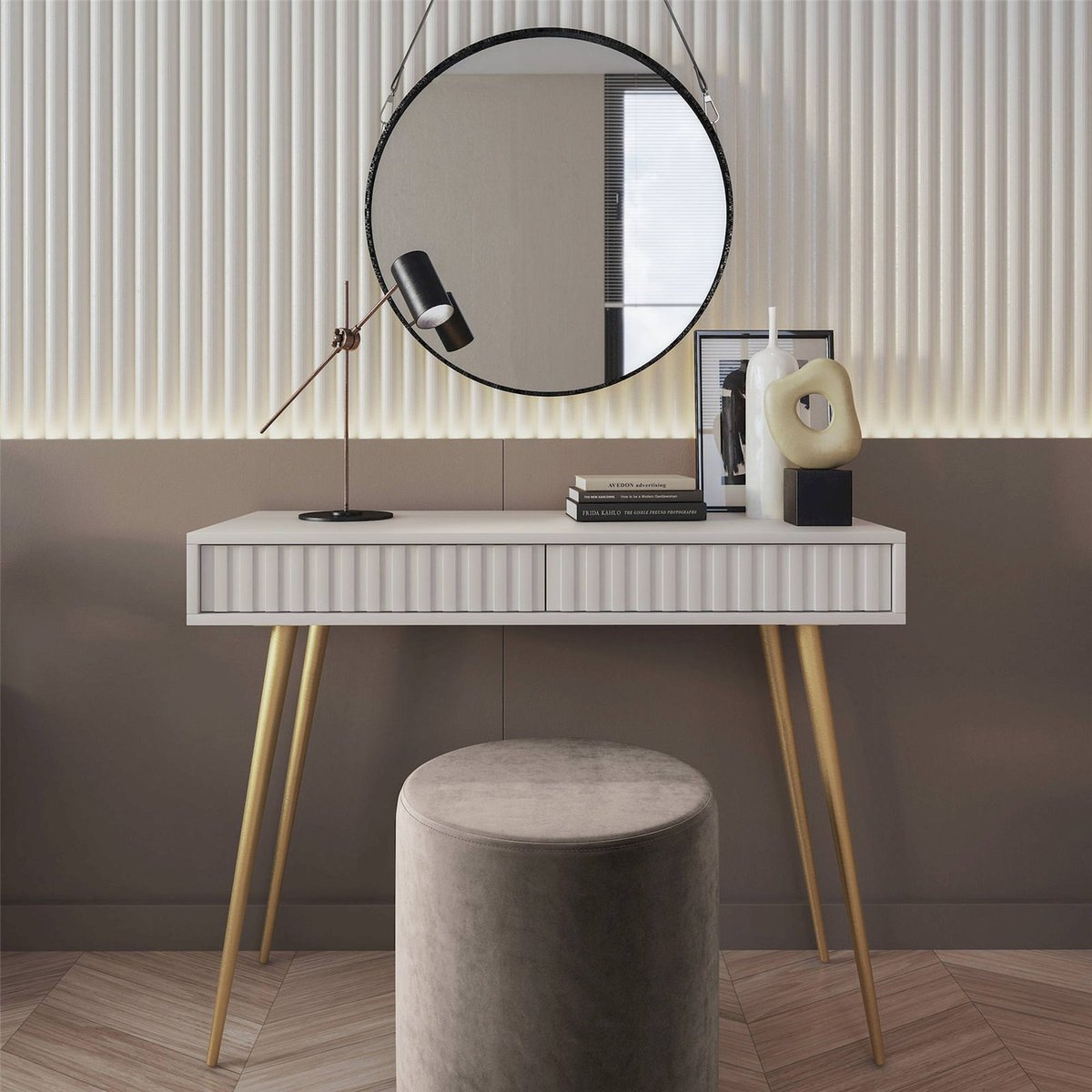 Coiffeuse en bois collection BELLO blanc et doré, RECOLLECTION