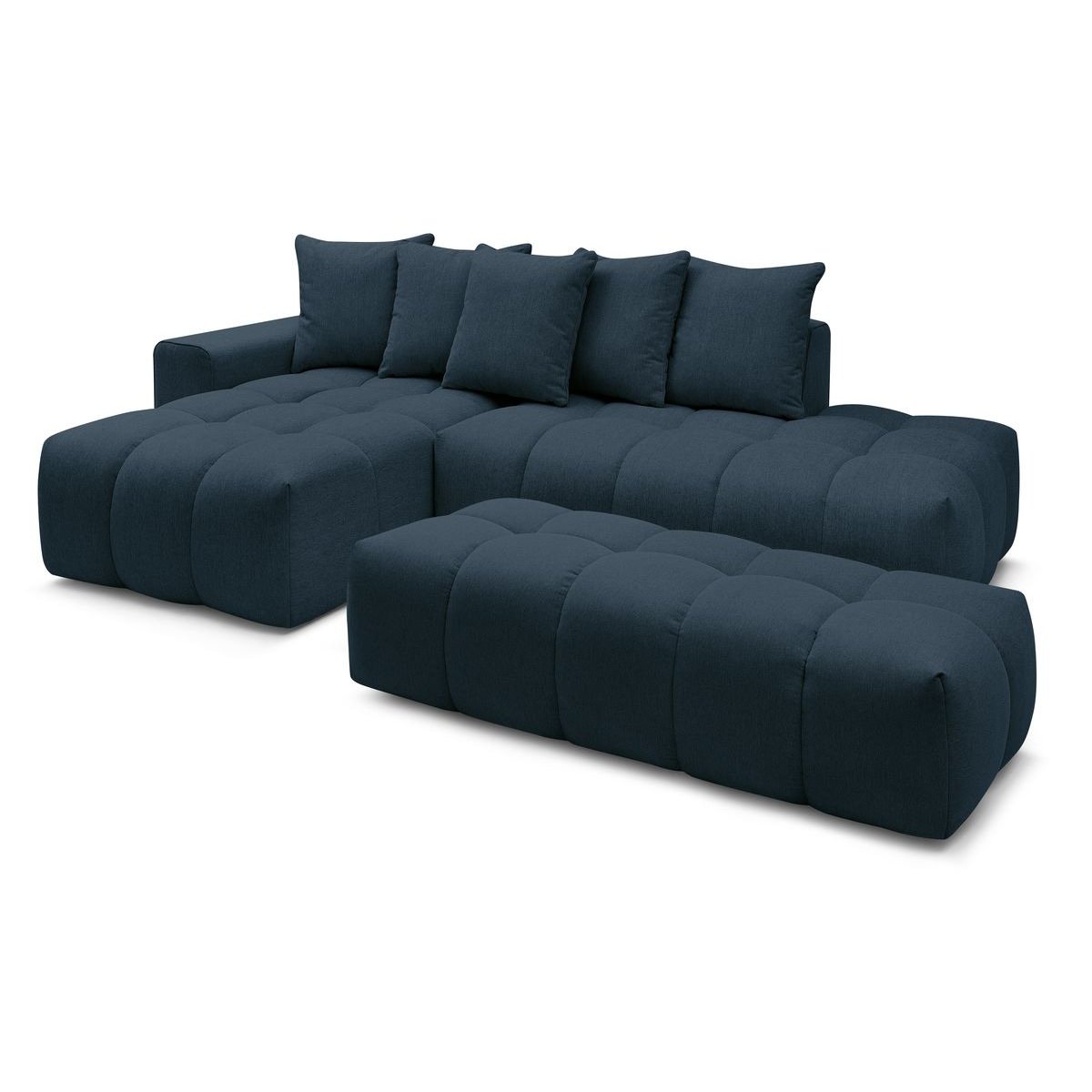 Canapé d'angle fixe 4 places en tissu chiné avec pouf, MONT-BLANC bleu foncé, BOBOCHIC