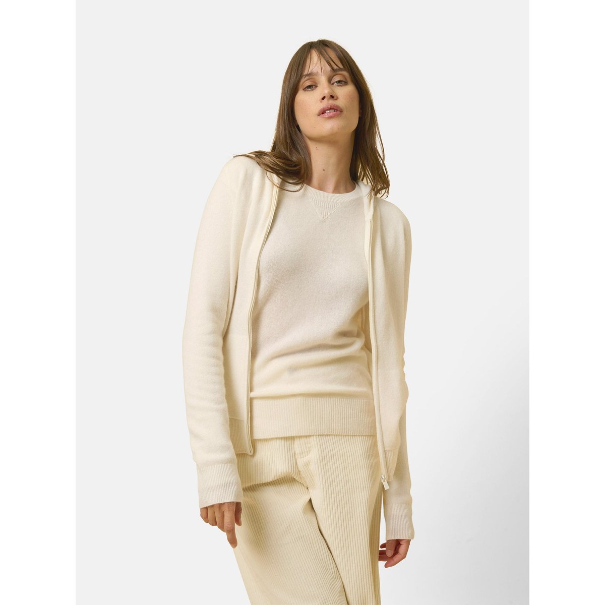 Gilet Zippé Capuche Ivoire Debbie blanc, JUST CASHMERE