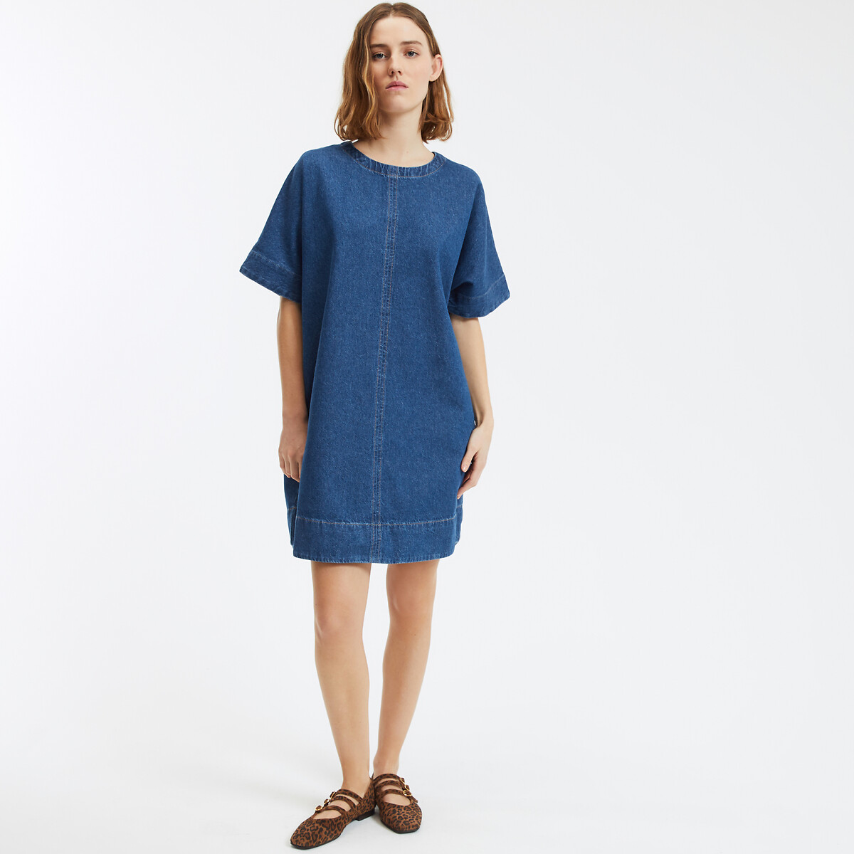 Flared Denim Dress with Short Sleeves untreated blue, LA REDOUTE COLLECTIONS