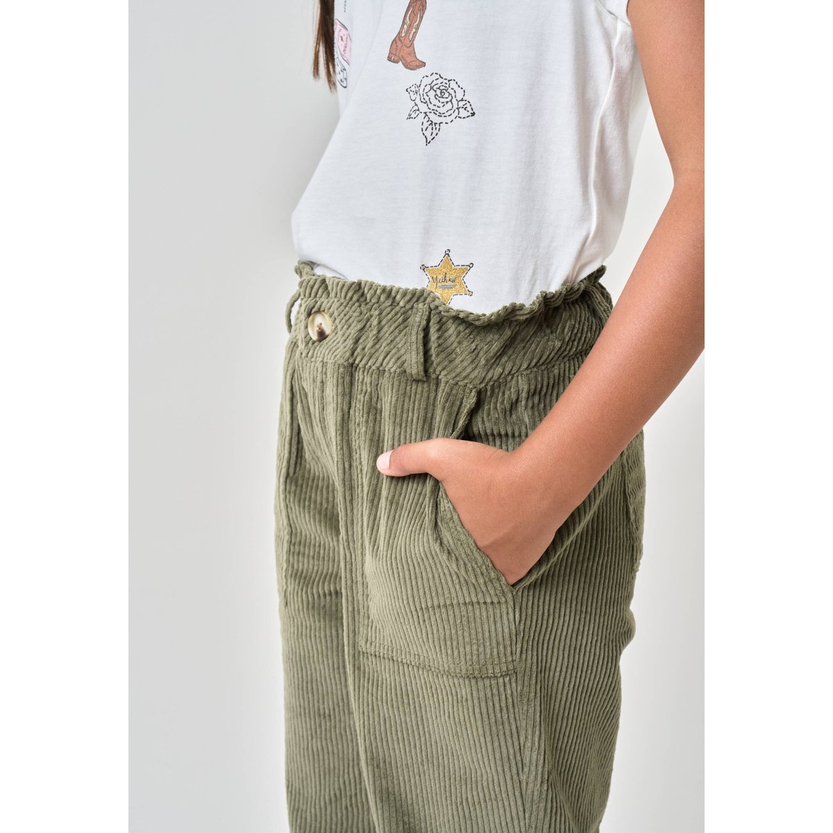 Pantalon carotte fille en 100% coton velours côtelé WENDELI dark khaki, DEELUXE