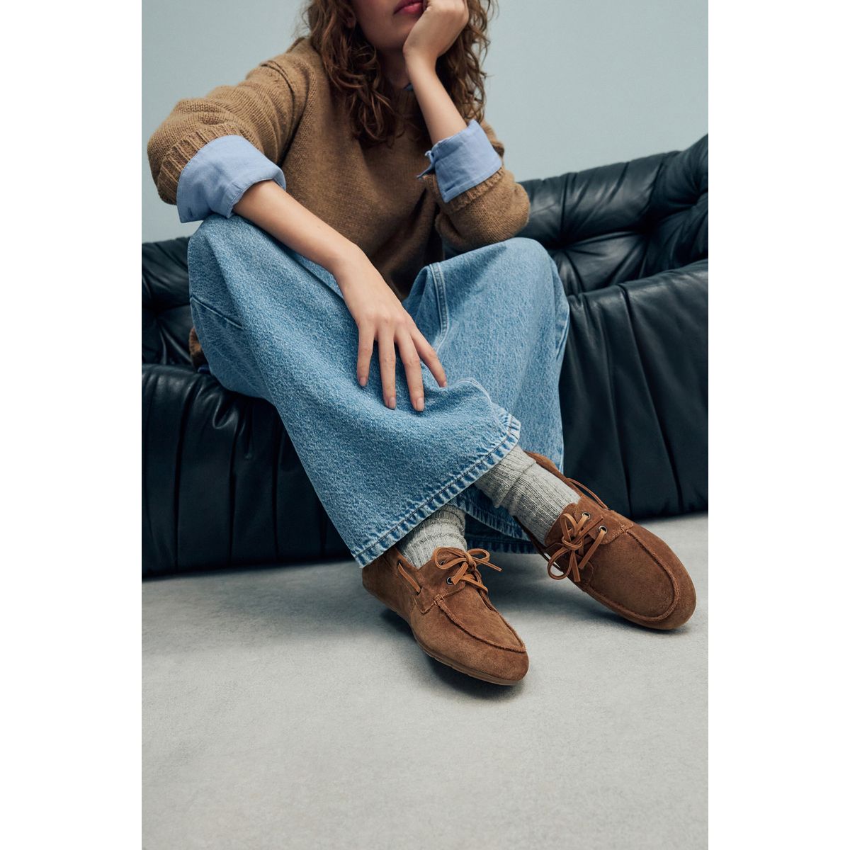 Chaussures bateau en cuir à bout rond marron fauve, NEXT