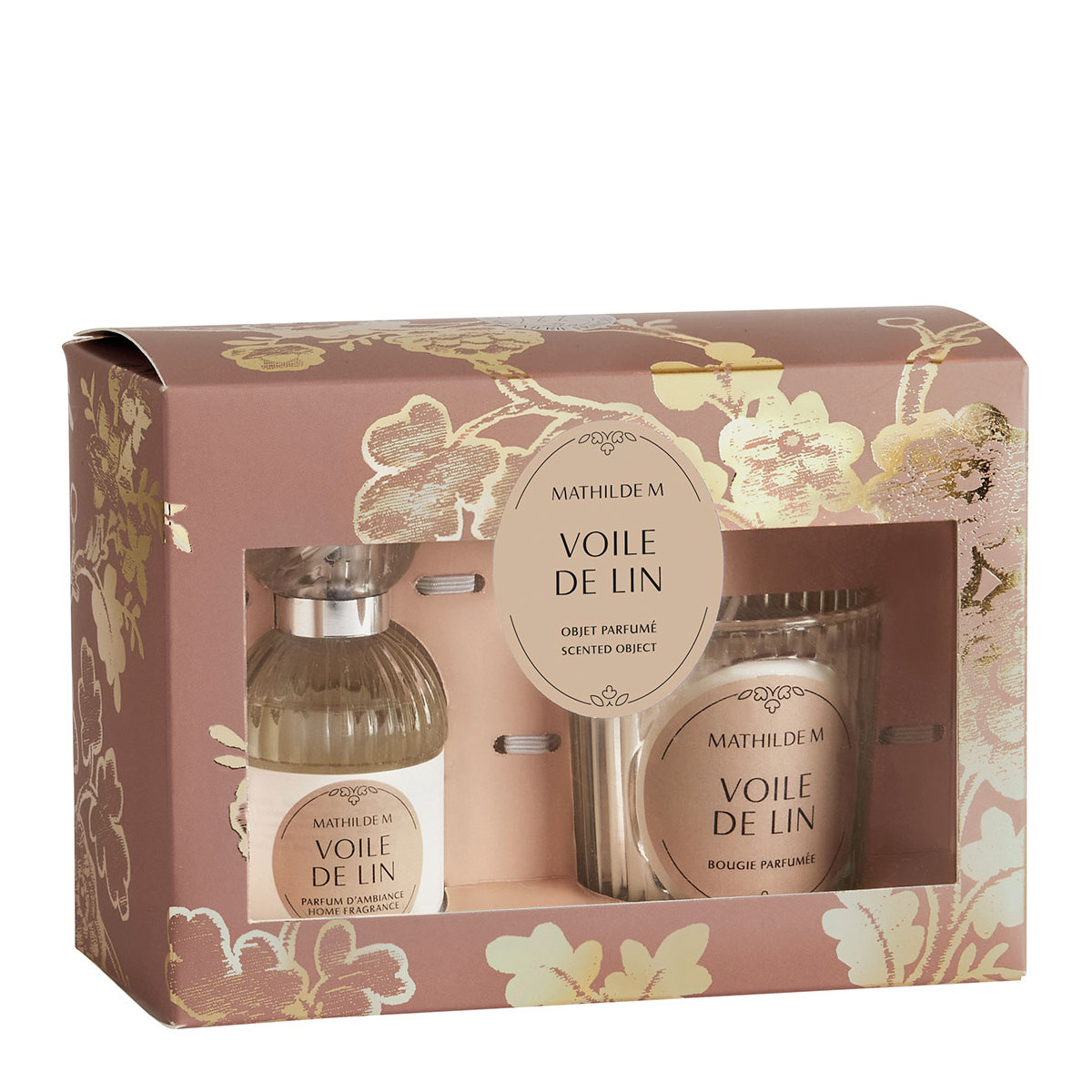 Coffret parfum et bougie Voile de Lin TRÉSOR DE FLEURS rose, MATHILDE M