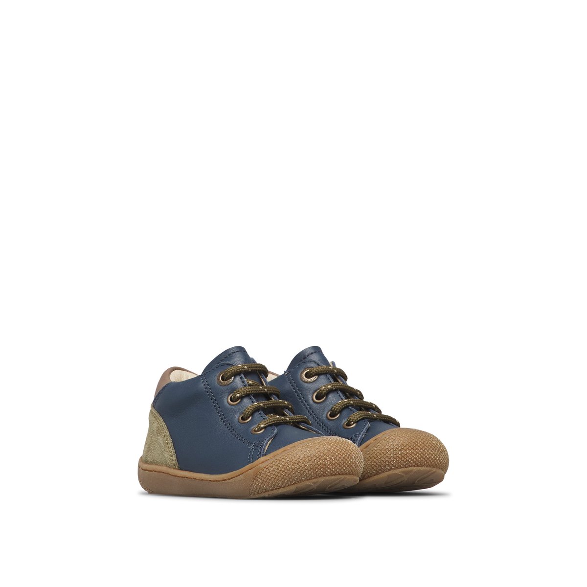Chaussons premiers pas en cuir et en daim ROMY marine-kaki, NATURINO