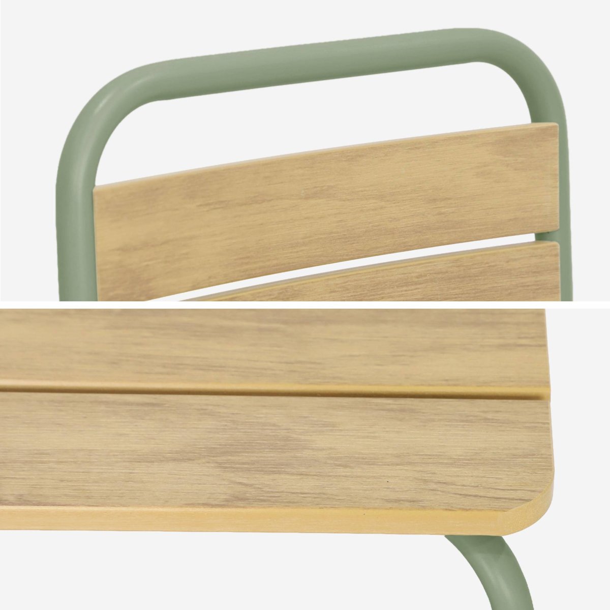 Table de jardin enfant acier et décor bois + 2 assises SUZIE 2 PLACES vert de gris, SWEEEK