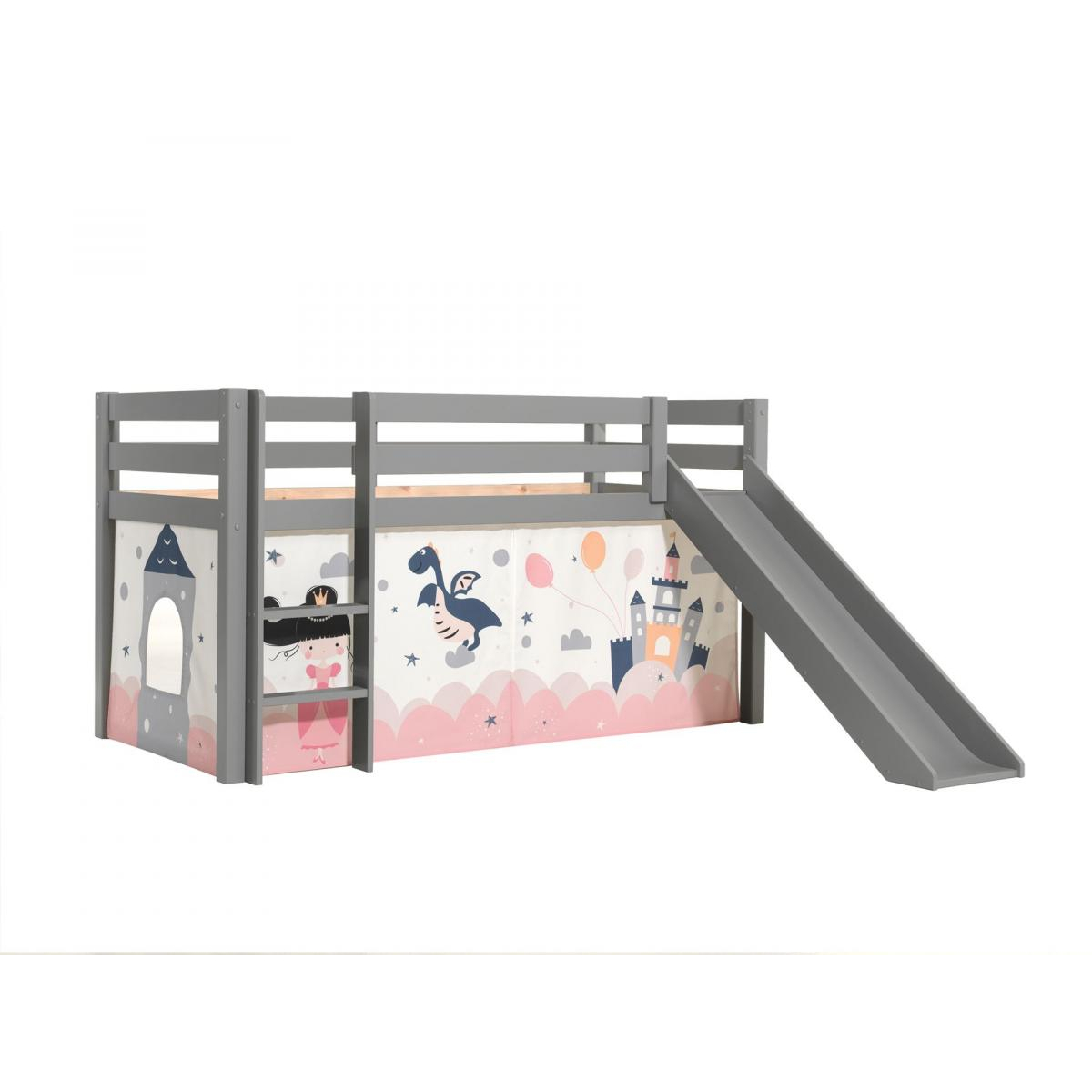 PINO Lit mezzanine avec toboggan pin massif Gris + Rideau pour lit en 4 parties Princess couleur unique, VIPACK