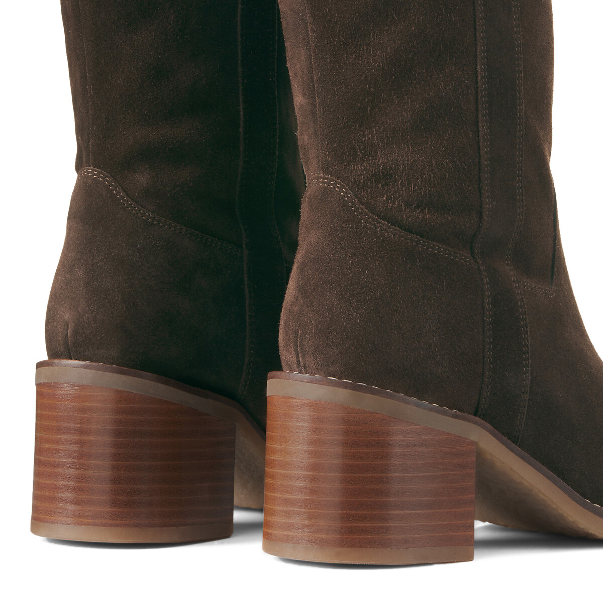 Suede Knee-High Boots with Block Heel chocolate, LA REDOUTE COLLECTIONS