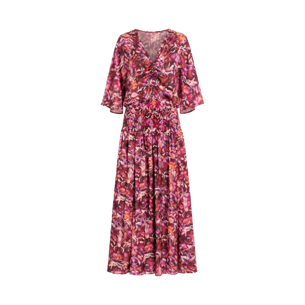 Robe midi froncée à smocks bougainvillier, THE-ARE