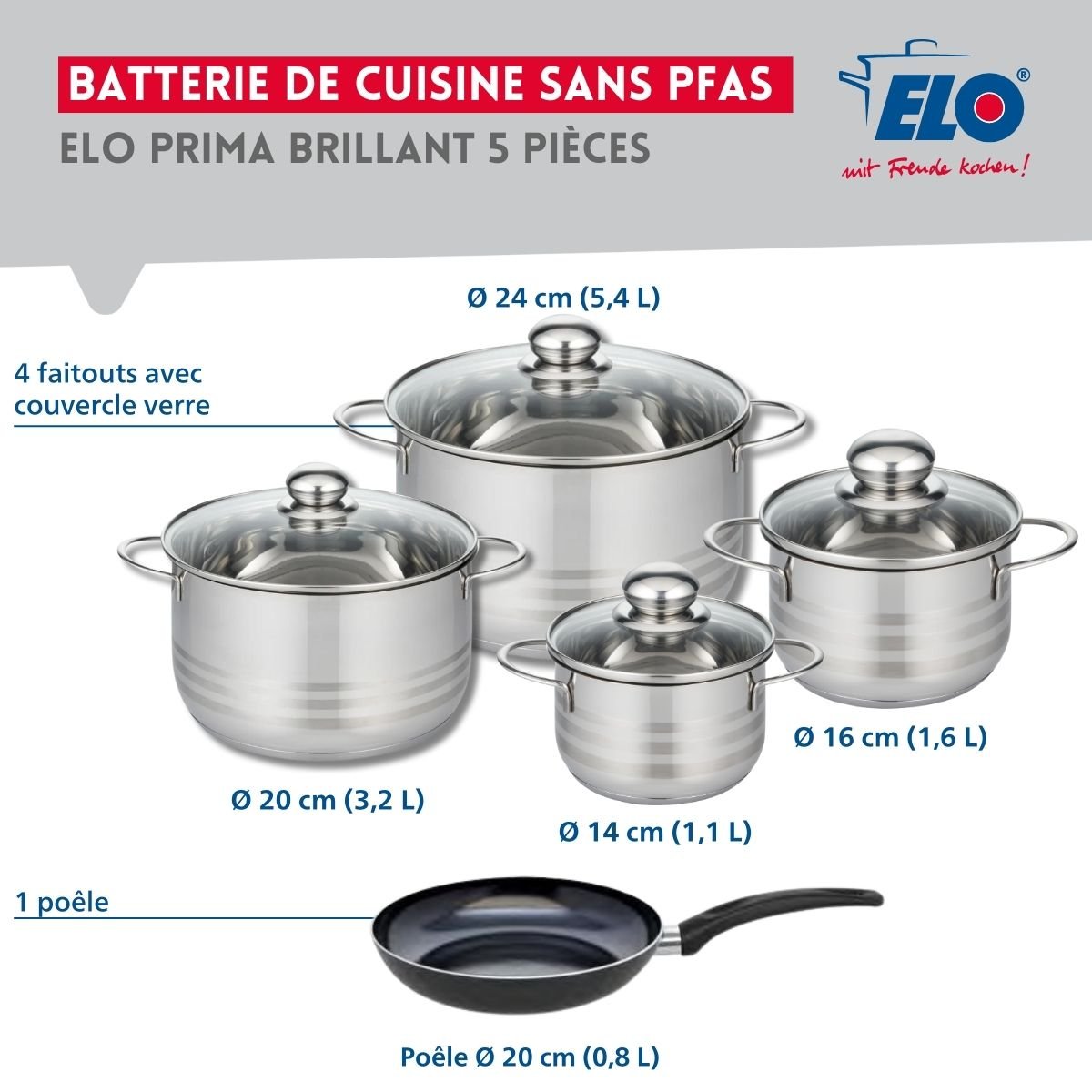 Batterie 1 poêle 20cm + 4 faitouts 14/16/20/24cm PRIMA BRILLANT noir, ELO