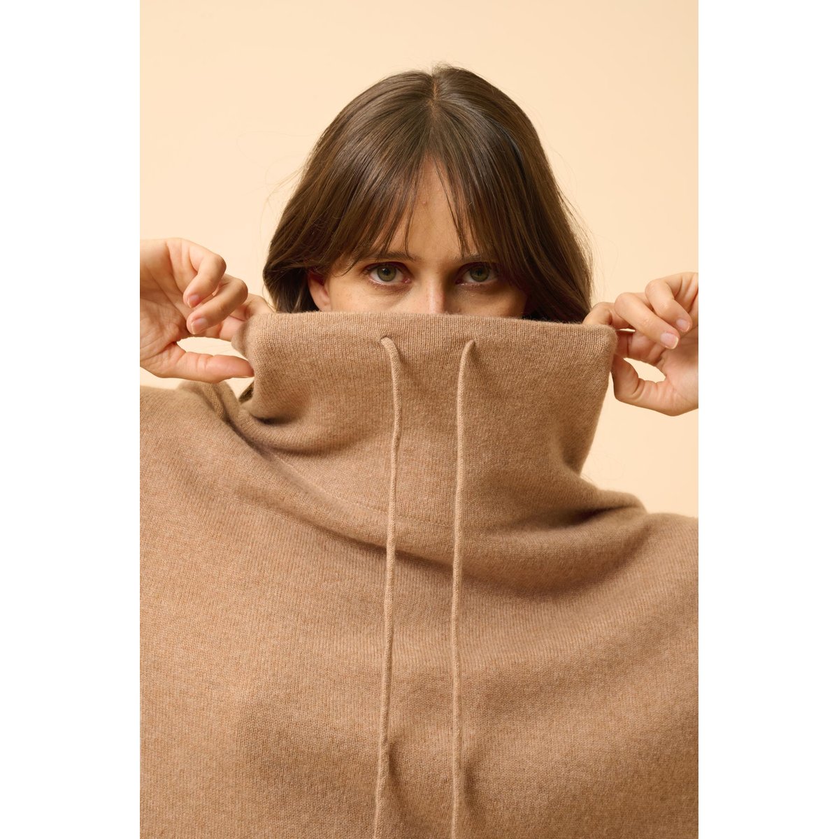 Pull Col Montant Cordon Coulissant Fentes Côtés Camel Chiné Melrose camel chiné, JUST CASHMERE