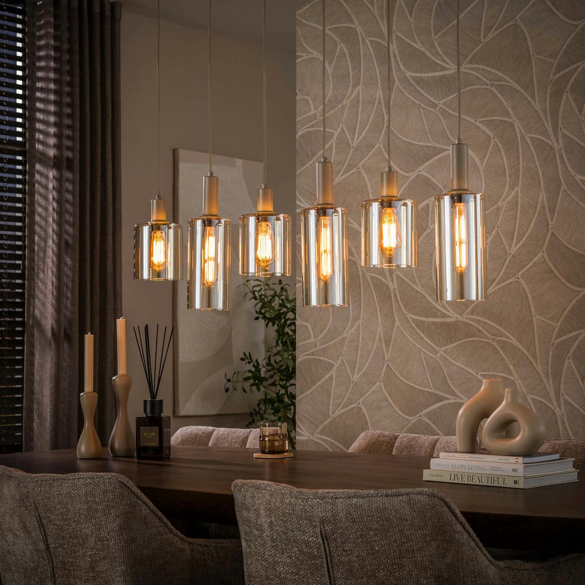 Suspension de table 6 lampes verre ambré métal beige RALF beige, PIER IMPORT
