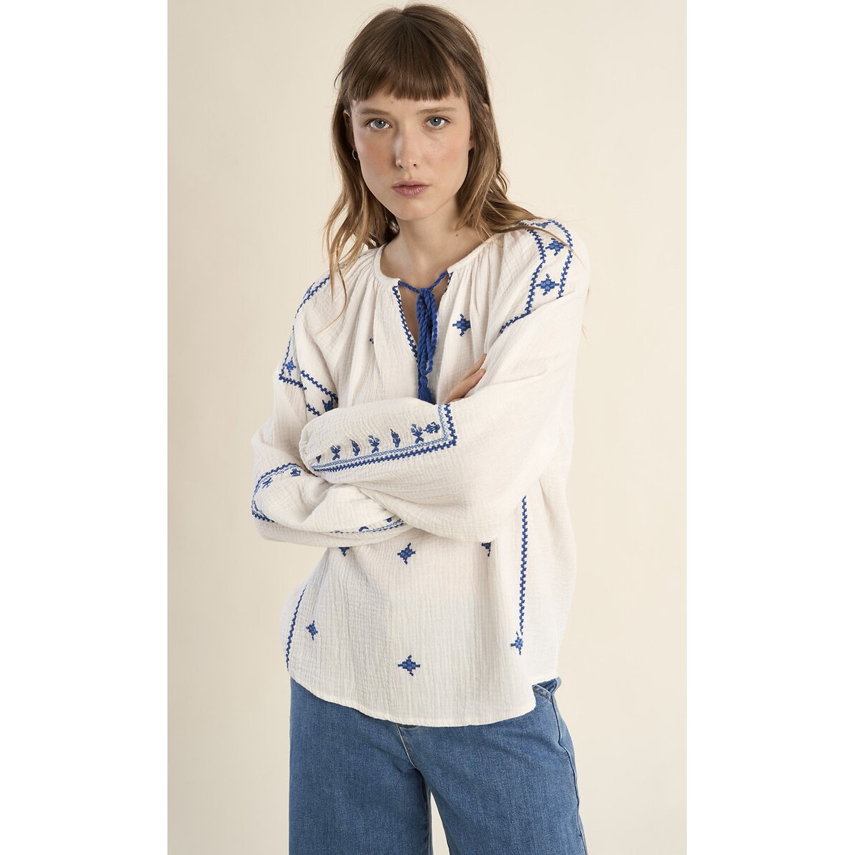 Blouse brodée manches longues blanc, MOLLY BRACKEN