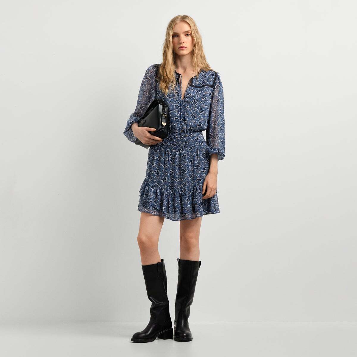 Robe Courte En Chiffon À Imprimé Floral bleu acier, PEPE JEANS