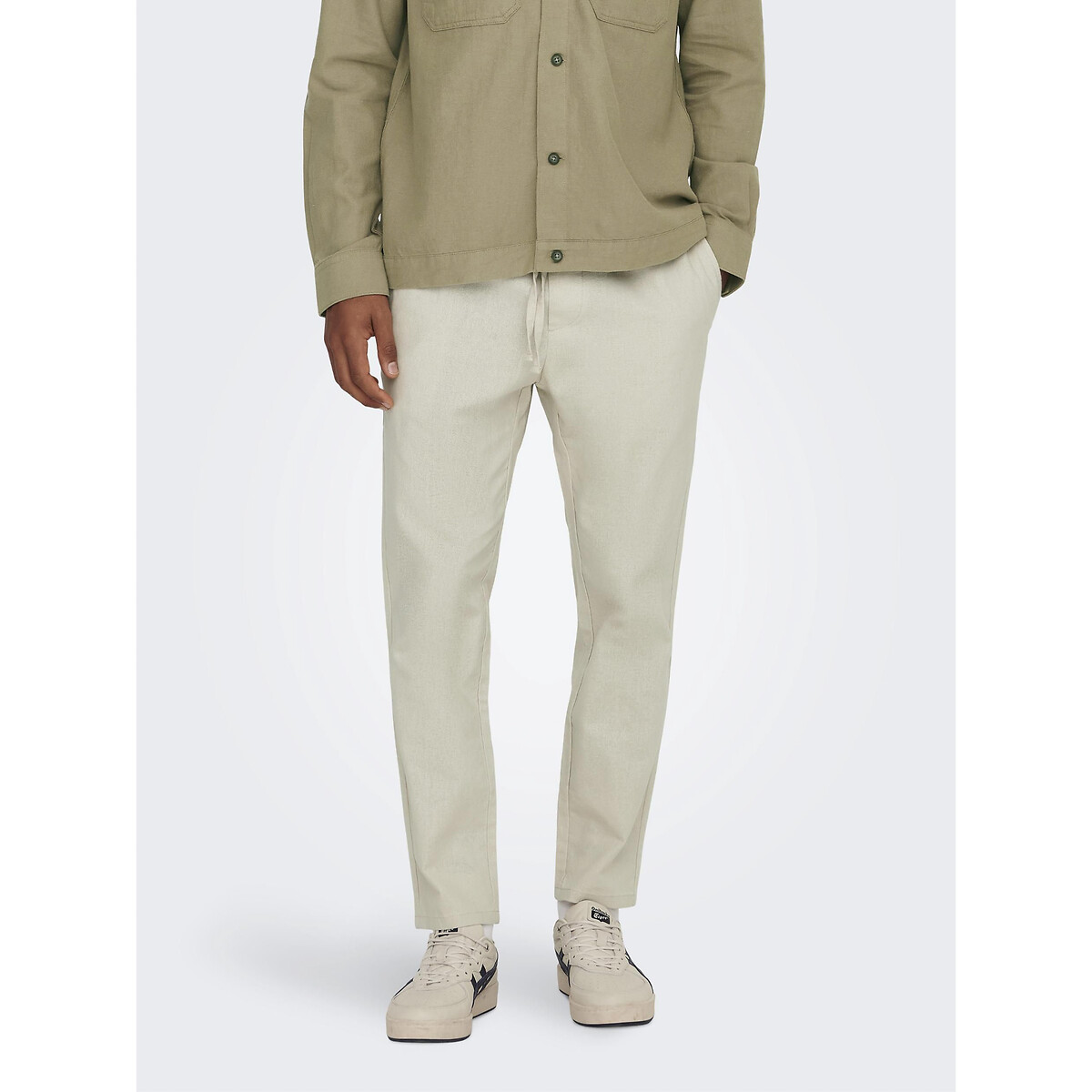 Pantalon à cordon de serrage coton lin beige, ONLY & SONS
