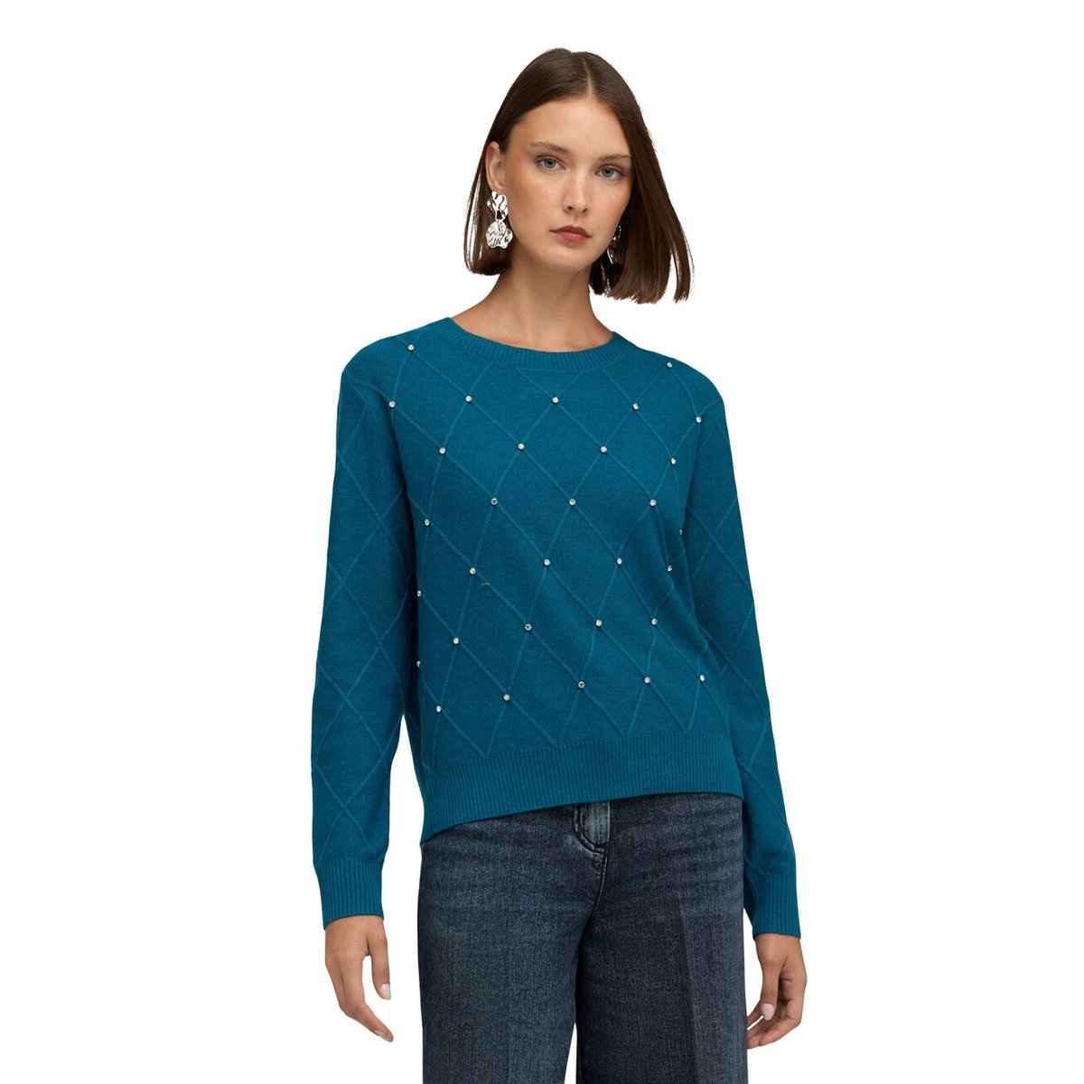 Pull en tricot à motif losanges avec pierres crystal petrol blue, MOTIVI