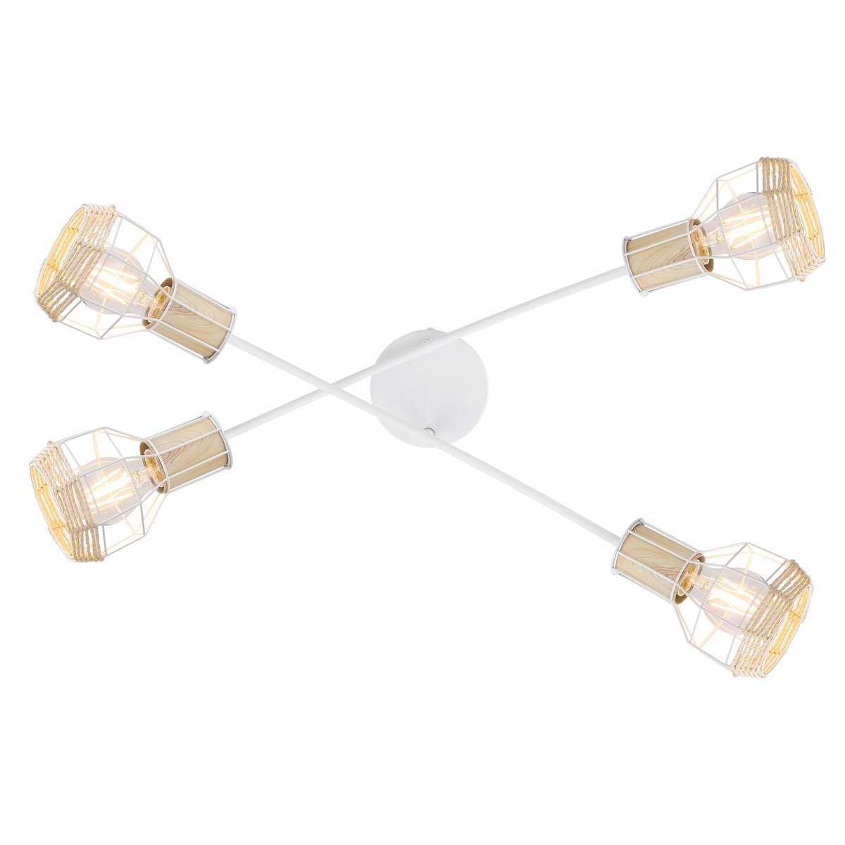 Plafonnier croisé 4 spots en métal et bois avec corde BANA blanc, GLOBO LIGHTING