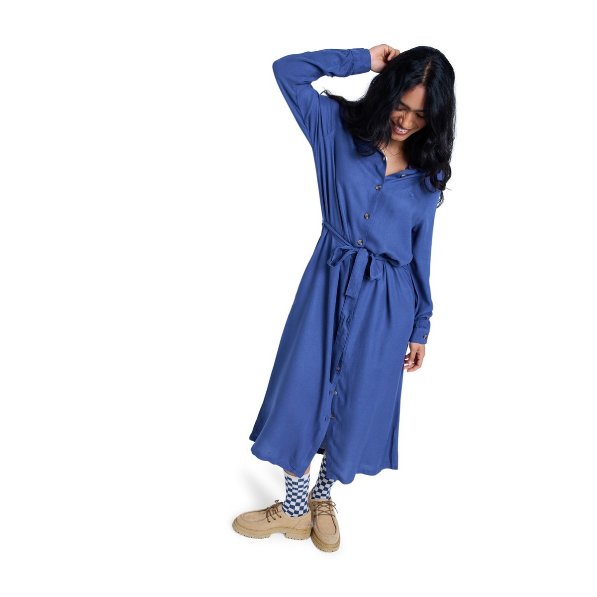Robe midi à col et manches longues boutonnées sur le devant ISLAND ESCAPE SOLID. bleu vintage indigo, ROXY