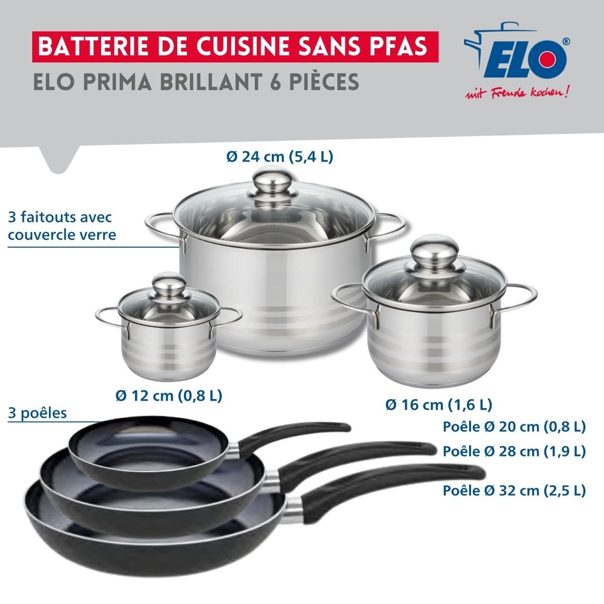 3 poêles 20/28/32cm + 3 faitouts 12/16/24cm PRIMA BRILLANT noir, ELO