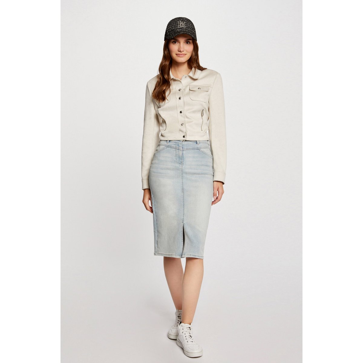 Jupe longueur genou en jean jean bleached, MORGAN