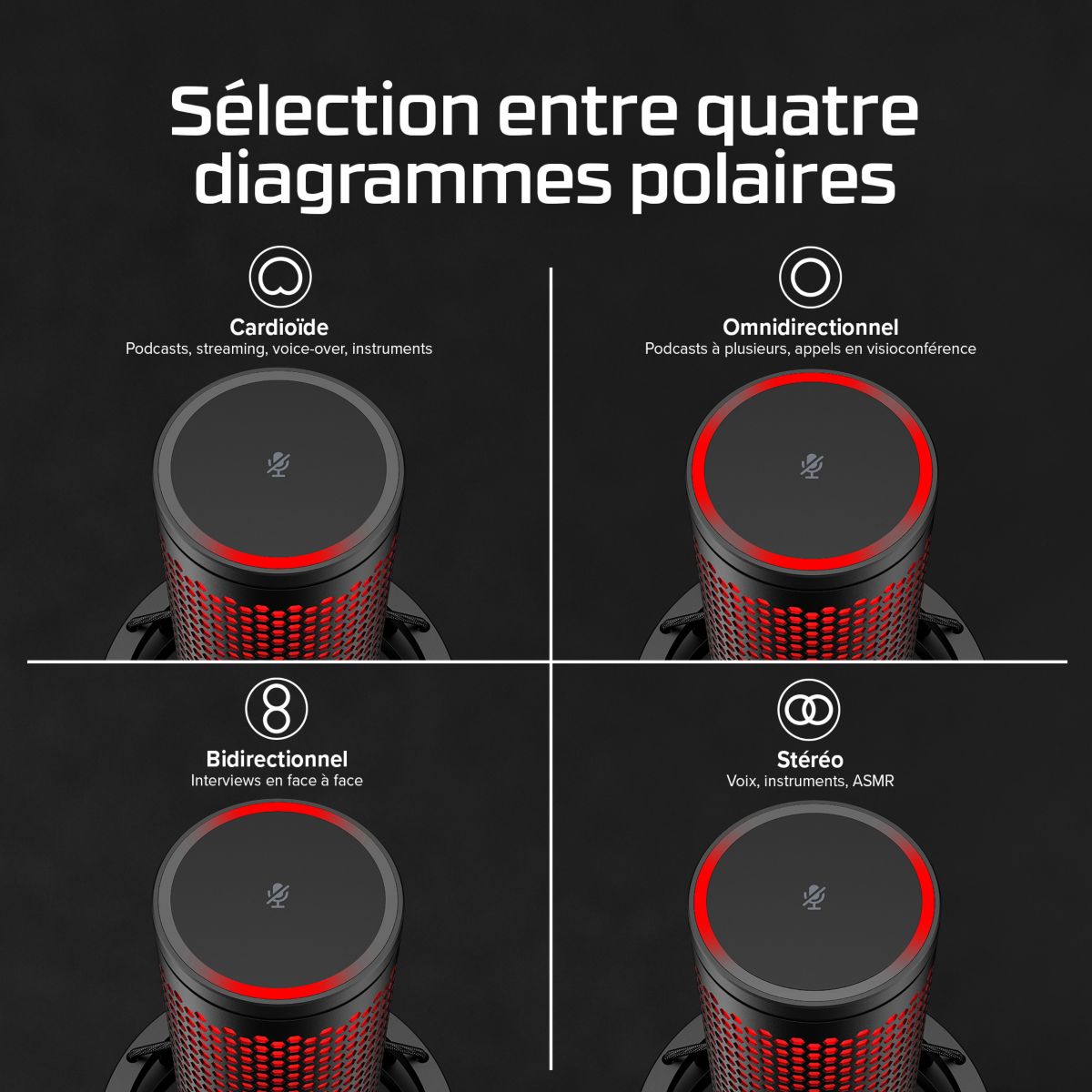 Micro Gamer QuadCast 2 Black couleur unique, HYPER
