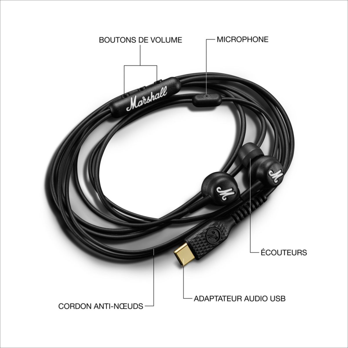 Ecouteurs Mode noirs - Filaires, intra-auriculaires, USB-C couleur unique, MARSHALL