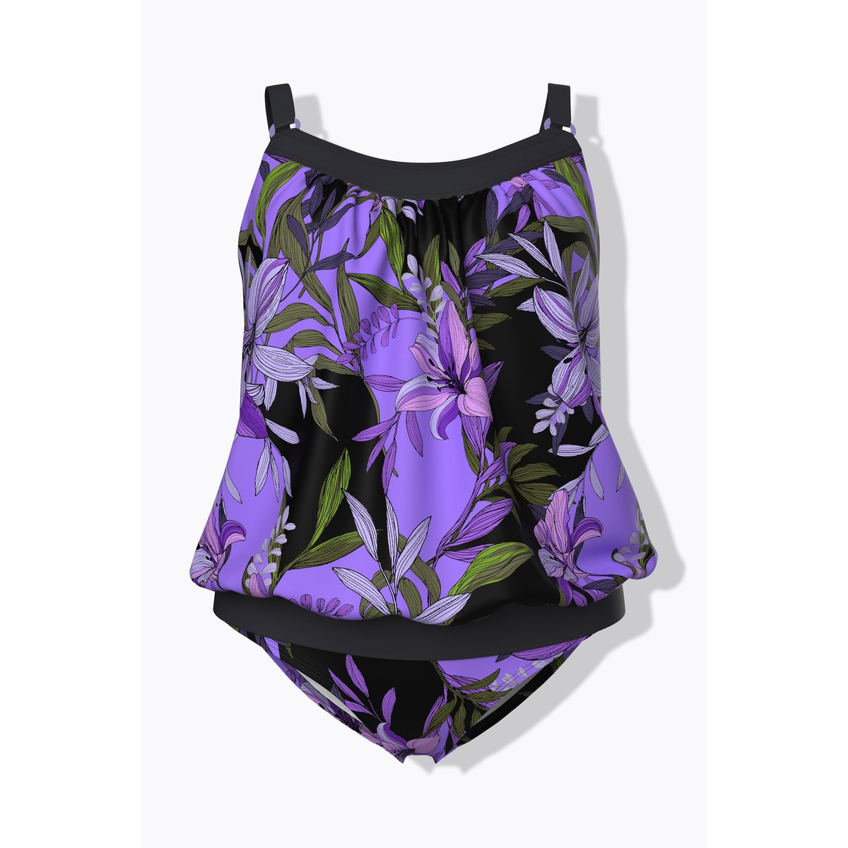 Tankini motif lys, bonnets souples noir, ULLA POPKEN