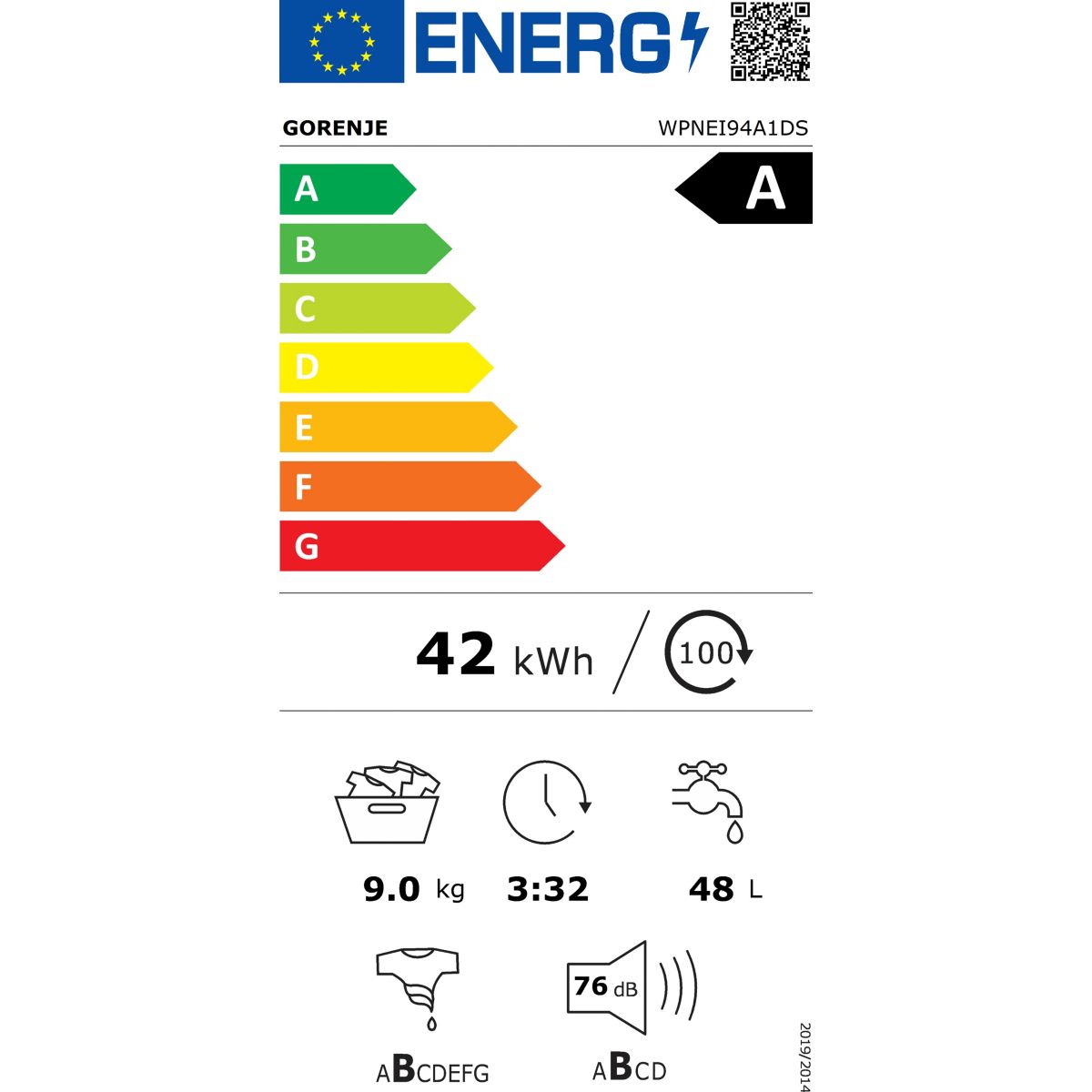 Lave linge hublot WPNEI94A1DS couleur unique, GORENJE