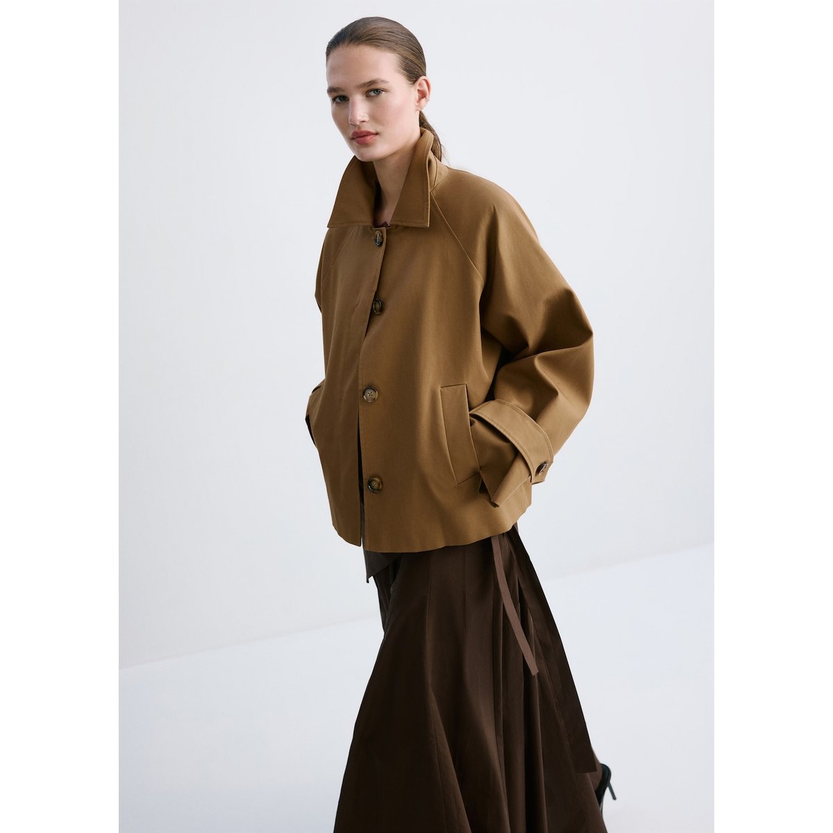 Trench court oversize marron moyen, MANGO