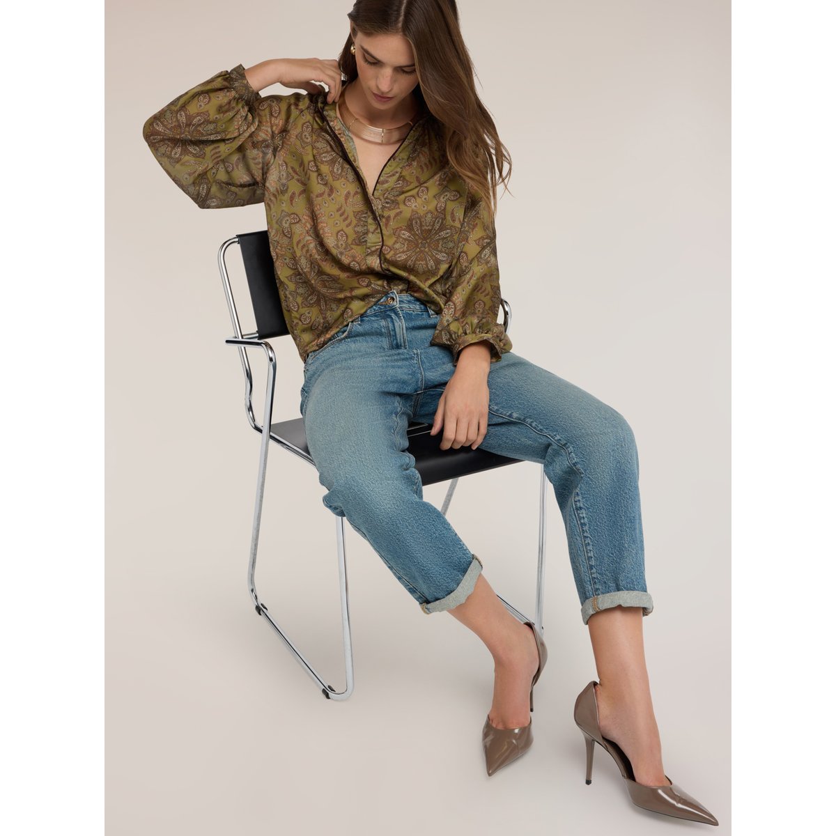 Blouse avec imprimé et manches ballon verde militare, MOTIVI