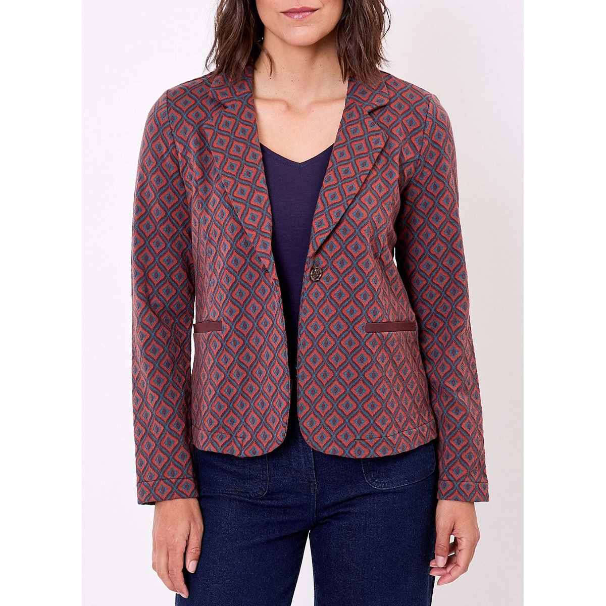 Blazer souple en maille jacquard recyclée ANATOLIE marron bleu solange, PRINCESSE NOMADE