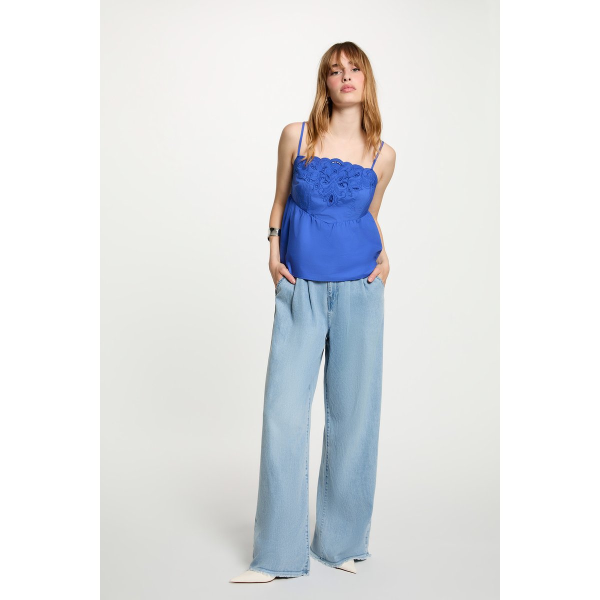 Jean large taille haute denim bleach, MORGAN